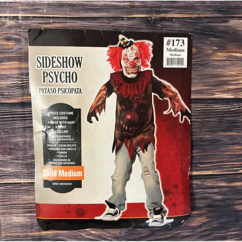 Sideshow Psycho Clown Costume Boys M (8-10) Shirt Mask Halloween Scary